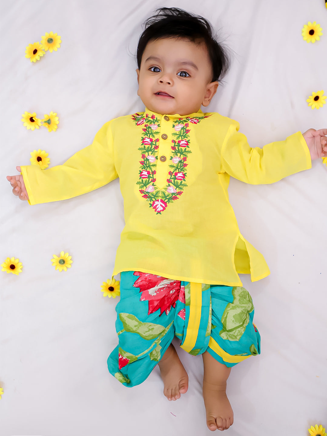 Kid One Infants Cotton Floral Embroidered Kurta With Dhoti Set For Boys Yellow