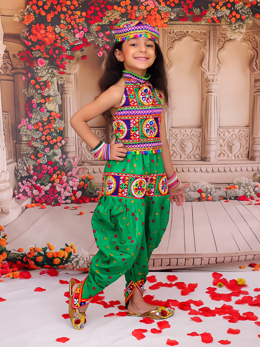 KID1 Dandia Nights Dhoti Set With Cap Green