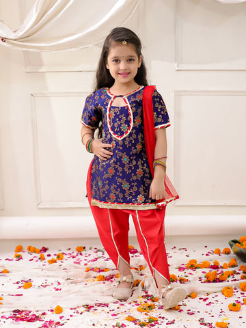 KID1 Jacquard Kurti Dhoti With Dupatta Navy Blue
