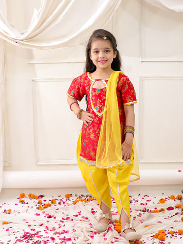 KID1 Jacquard Kurti Dhoti With Dupatta Red