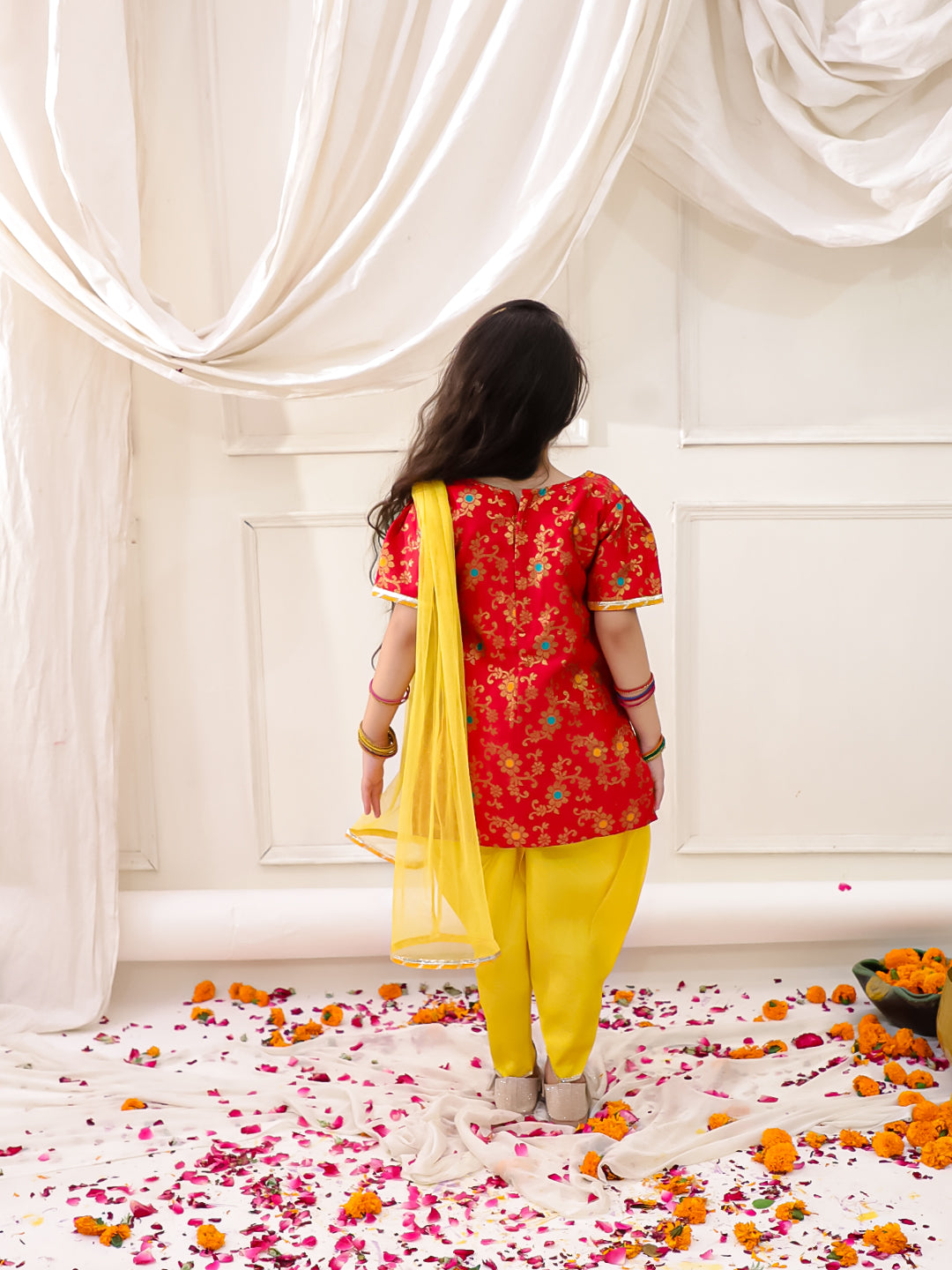 KID1 Jacquard Kurti Dhoti With Dupatta Red