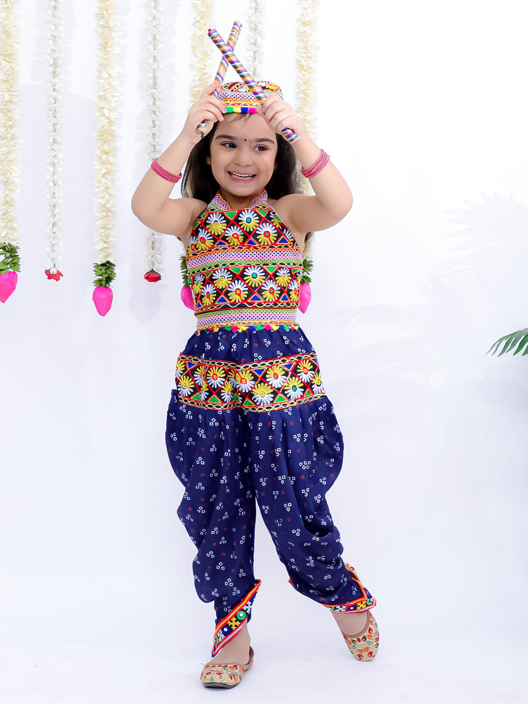 Kid One Navratri Printed Cotton Top Dhoti With Cap Set For Girls Blue