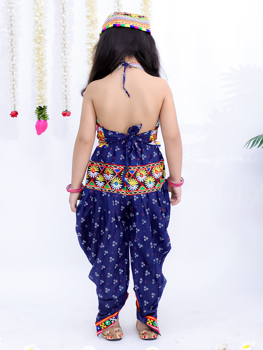 Kid One Navratri Printed Cotton Top Dhoti With Cap Set For Girls Blue