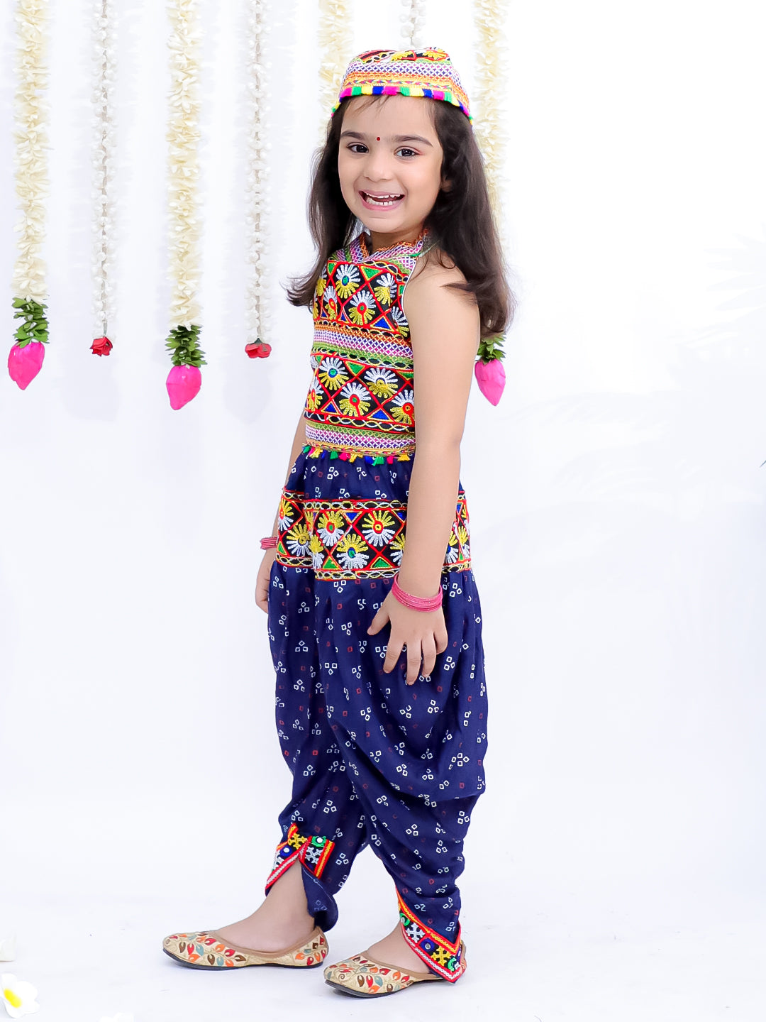 Kid One Navratri Printed Cotton Top Dhoti With Cap Set For Girls Blue