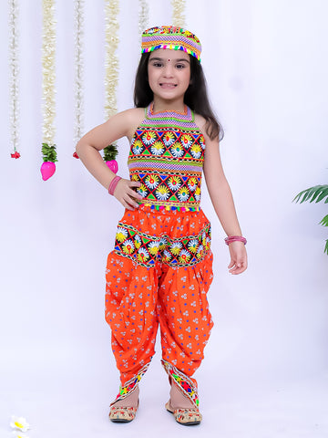 Kid One Navratri Printed Cotton Top Dhoti With Cap Set For Girls Orange