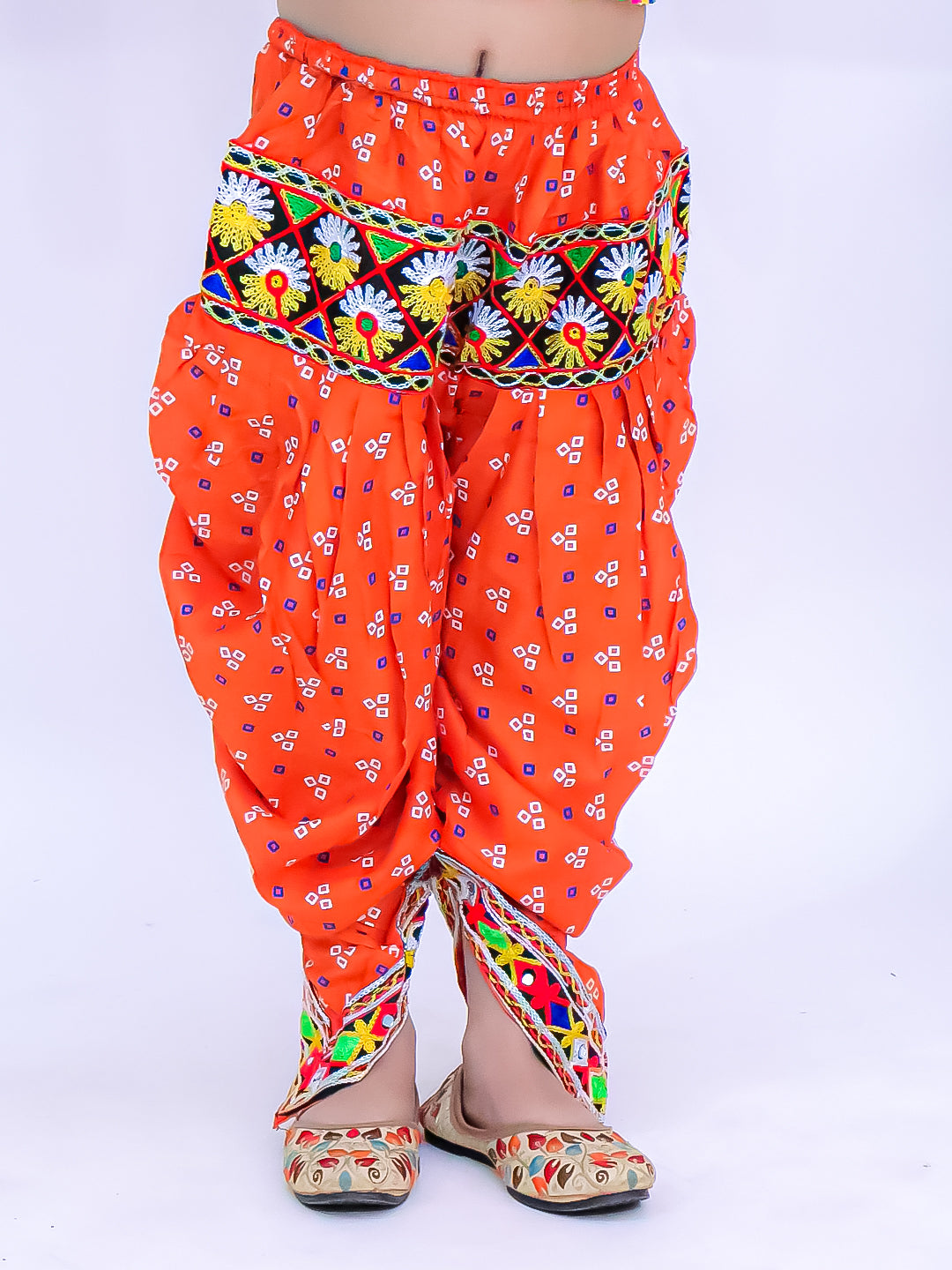 Kid One Navratri Printed Cotton Top Dhoti With Cap Set For Girls Orange