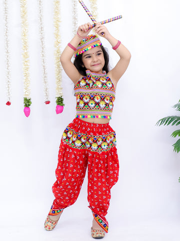 Kid One Navratri Printed Cotton Top Dhoti With Cap Set For Girls Red