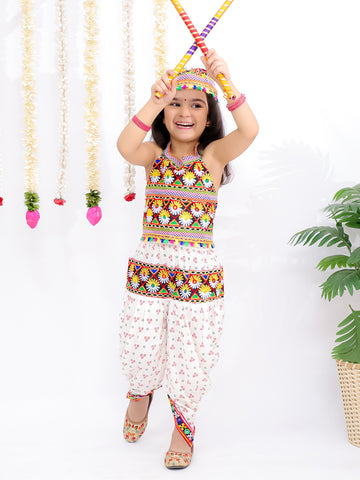 Kid One Navratri Printed Cotton Top Dhoti With Cap Set For Girls White