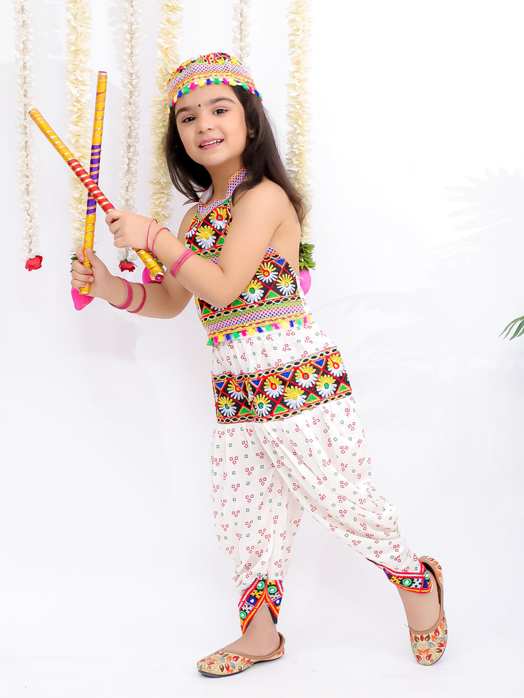 Kid One Navratri Printed Cotton Top Dhoti With Cap Set For Girls White