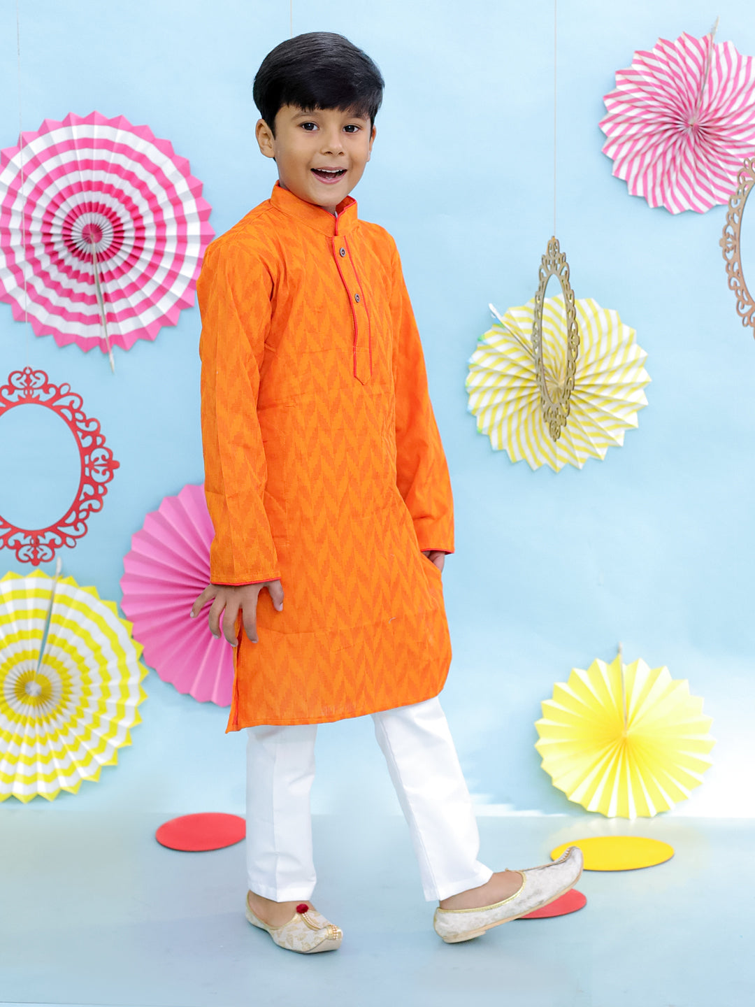 KID1 Chevron Weave Handloom Kurta Pyjama Orange