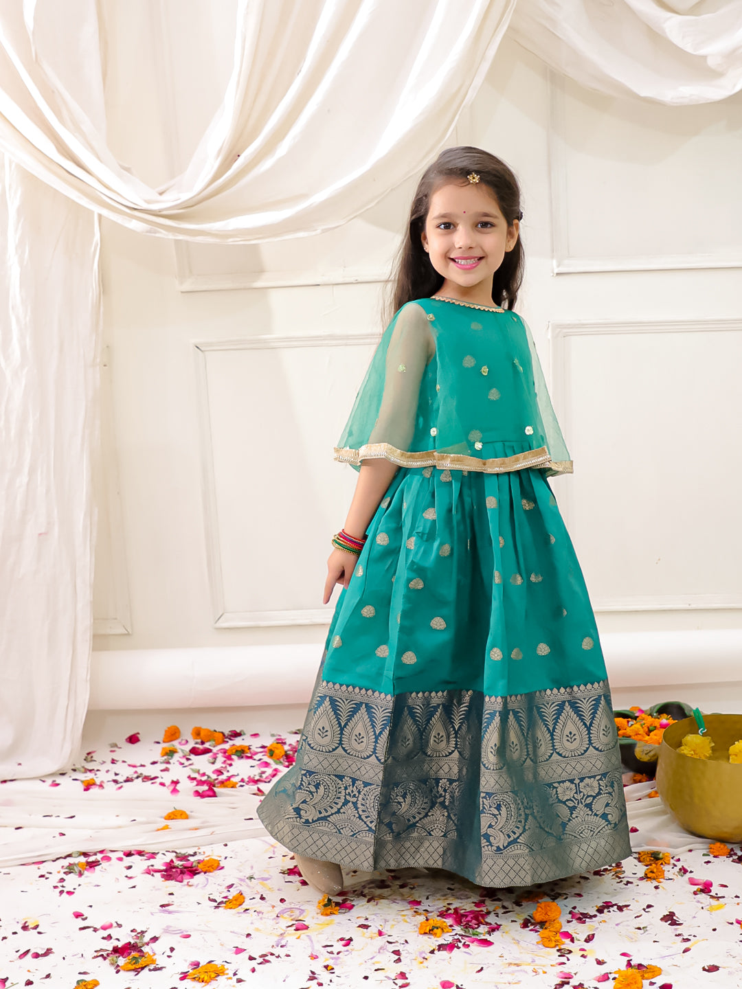 KID1 Sequins Cape Gown Pattu Green
