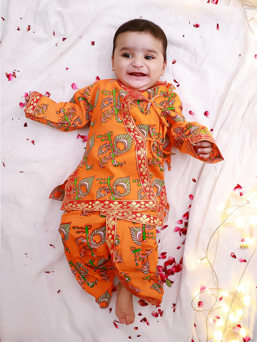 KID1 Printed Angharakha Kurta Dhoti Orange