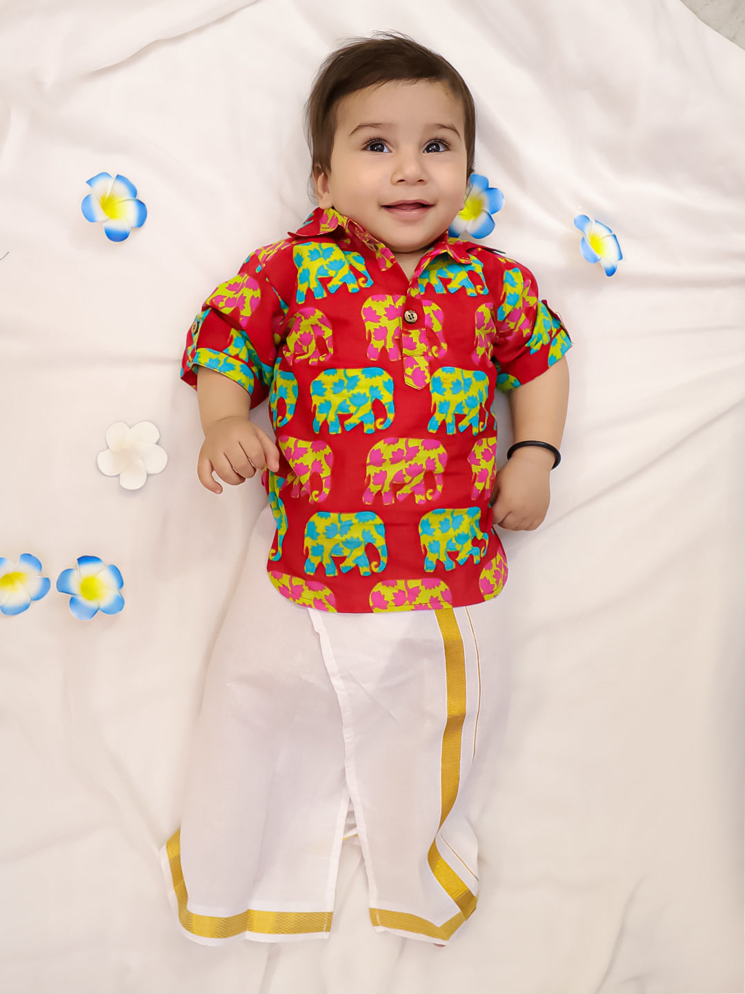 Kid One Elephant Print Kurta With Lungi Red