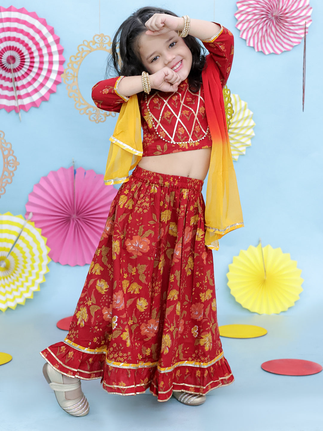 KID1 Gota Work Choli with Frill Lehenga Maroon