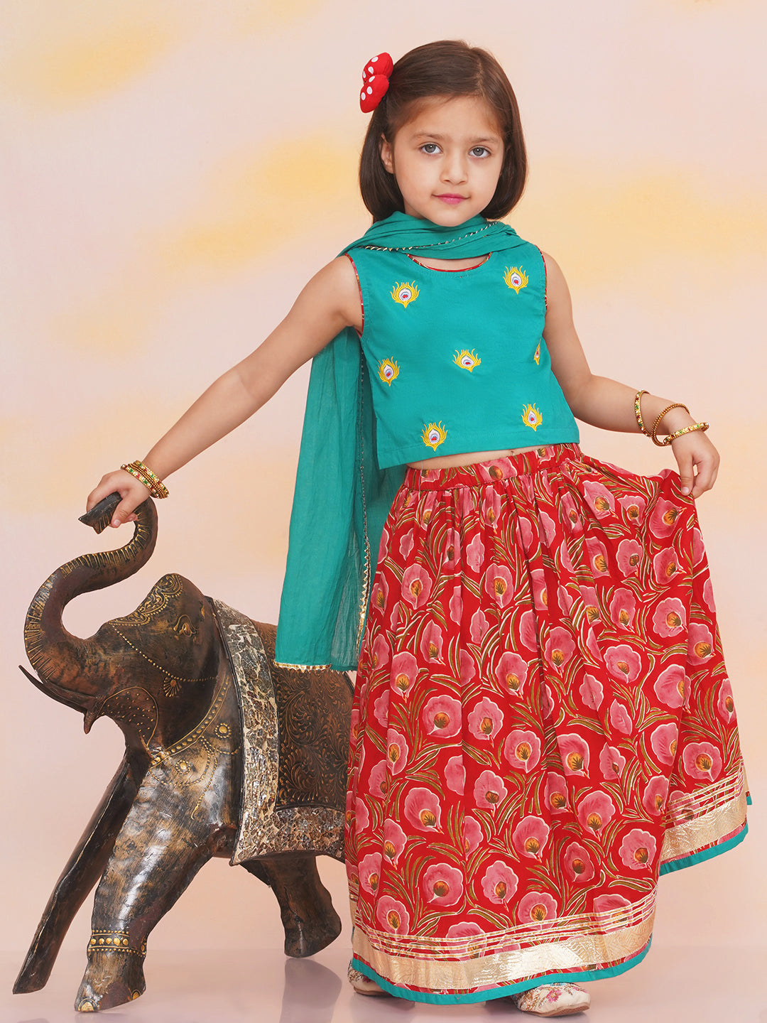 KID1 Leela Choli with Printed Lehenga & Crushed Dupatta For Girls With Morpankh Embroidered Dhoti Set For Boys - Green