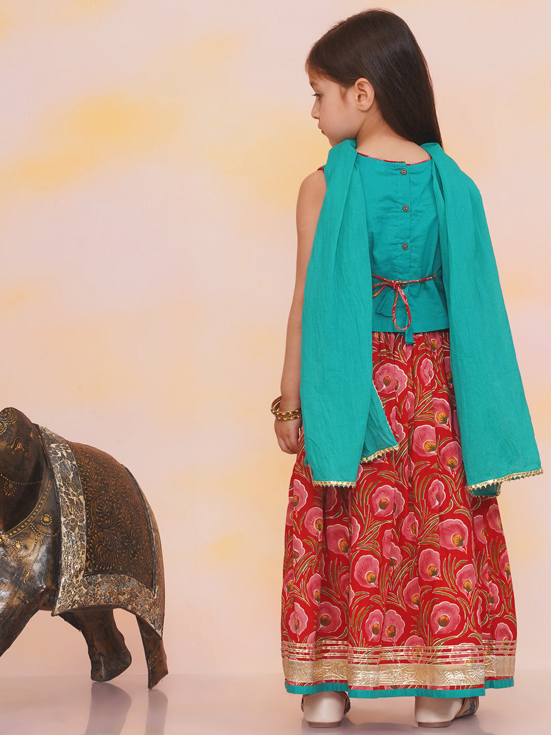 KID1 Leela Choli with Printed Lehenga & Crushed Dupatta For Girls With Morpankh Embroidered Dhoti Set For Boys - Green