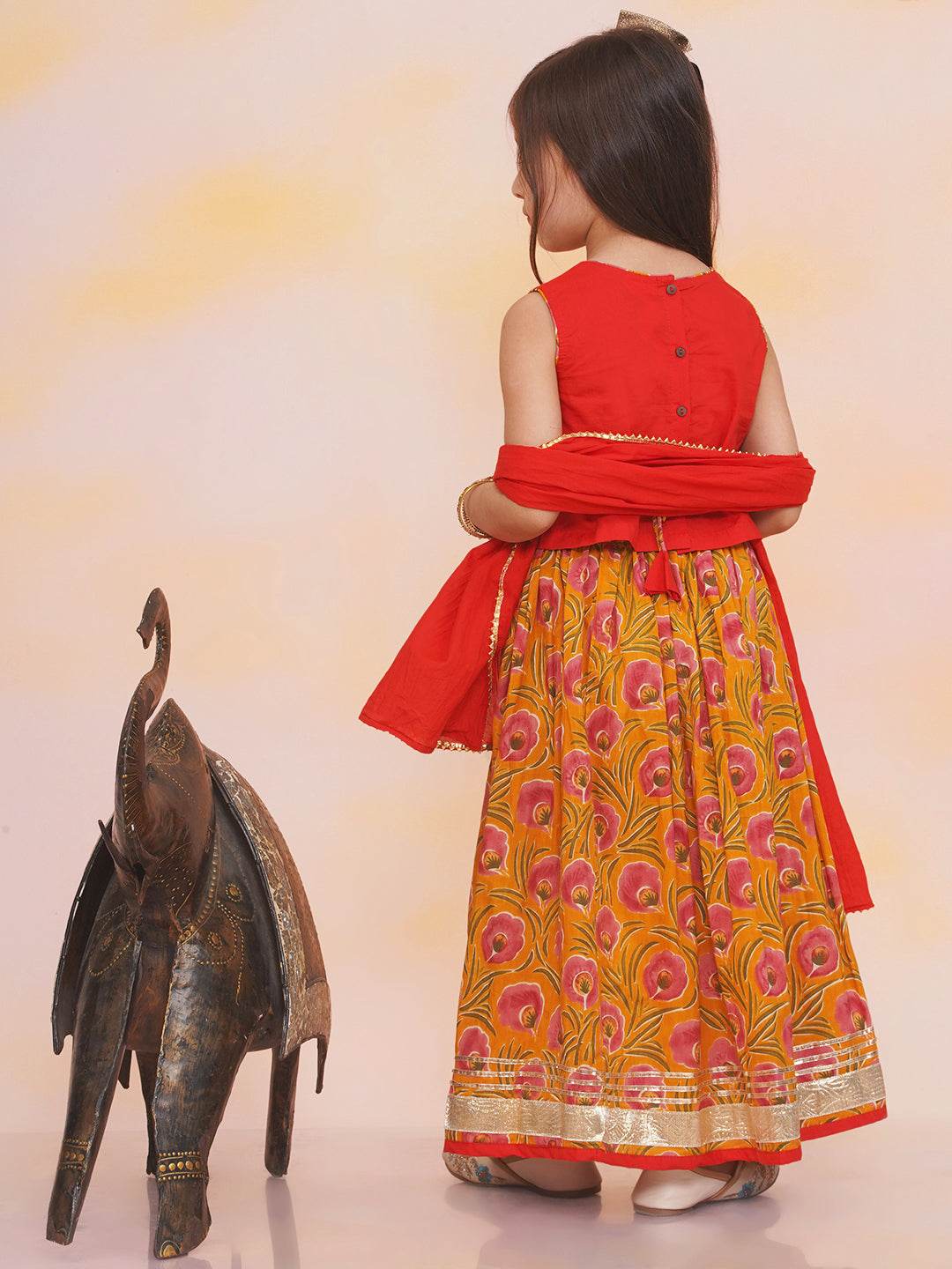 KID1 Leela Choli with Printed Lehenga & Crushed Dupatta Red