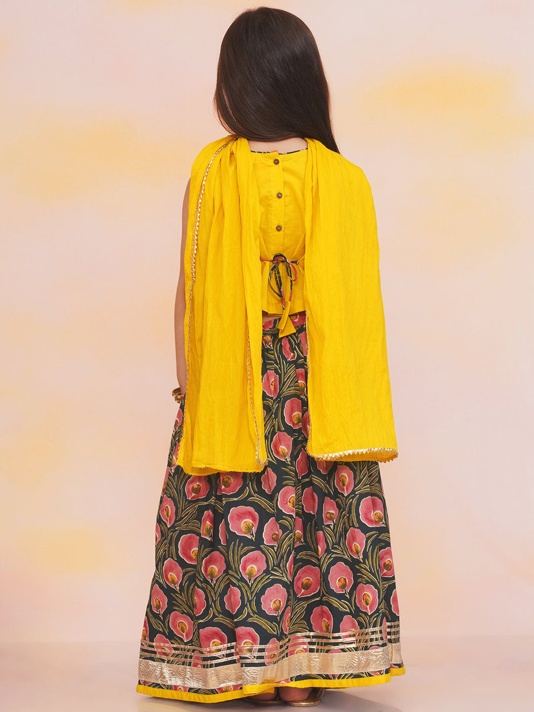 KID1 Leela Choli with Printed Lehenga & Crushed Dupatta Yellow