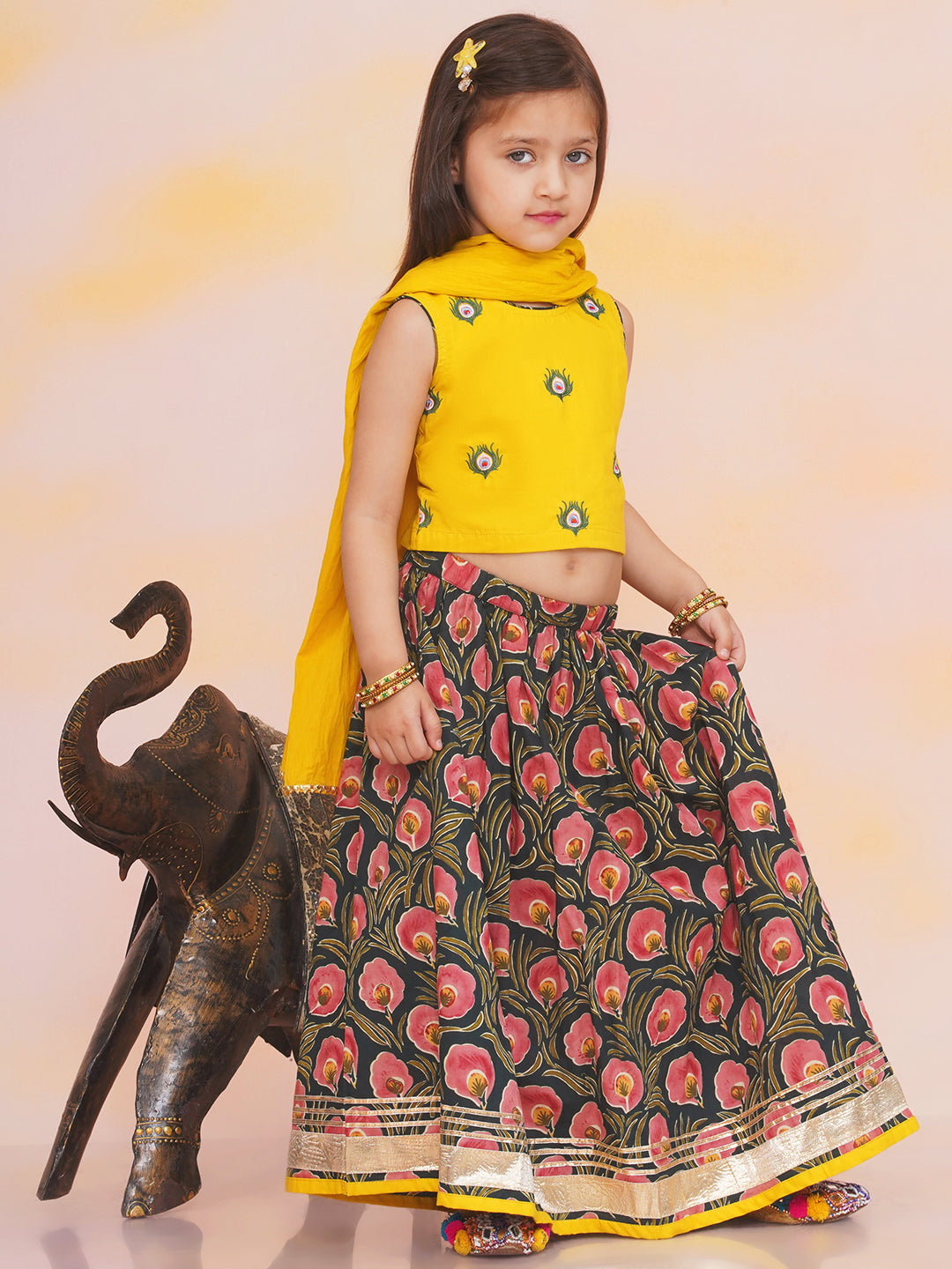 KID1 Leela Choli with Printed Lehenga & Crushed Dupatta Yellow