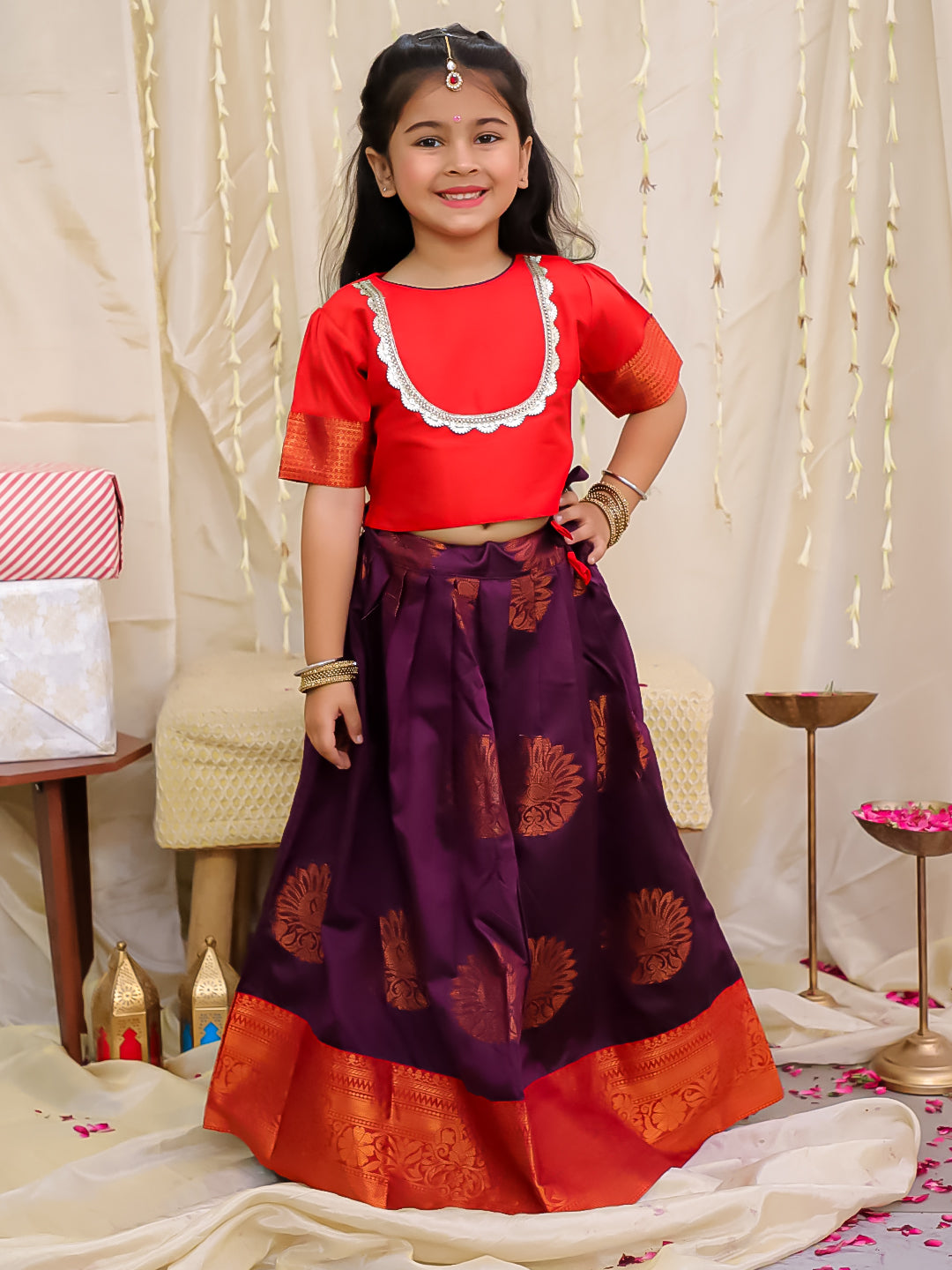 KID1 Jacquard Pattu Pavdai Red