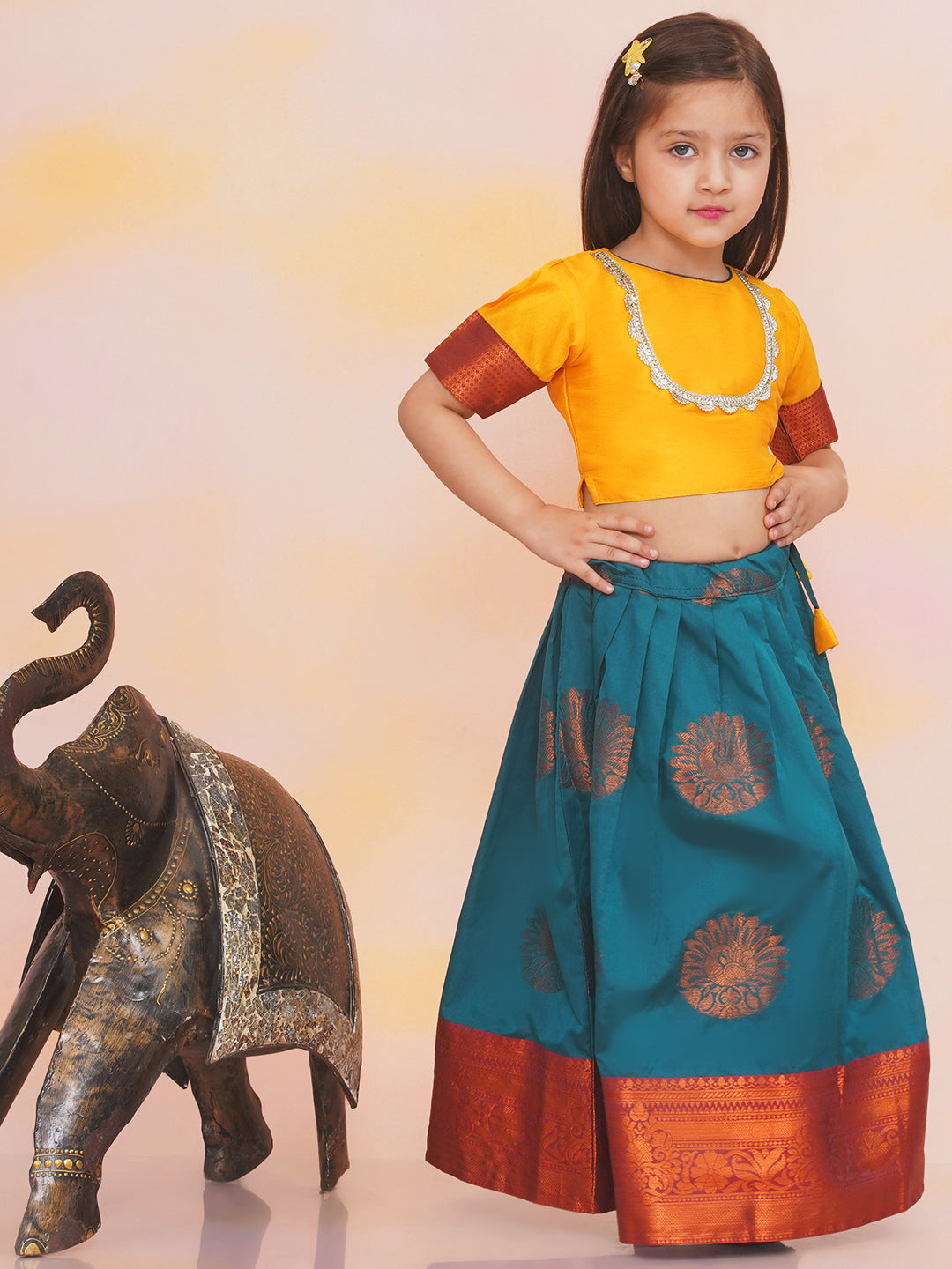 KID1 Jacquard Pattu Pavdai Yellow