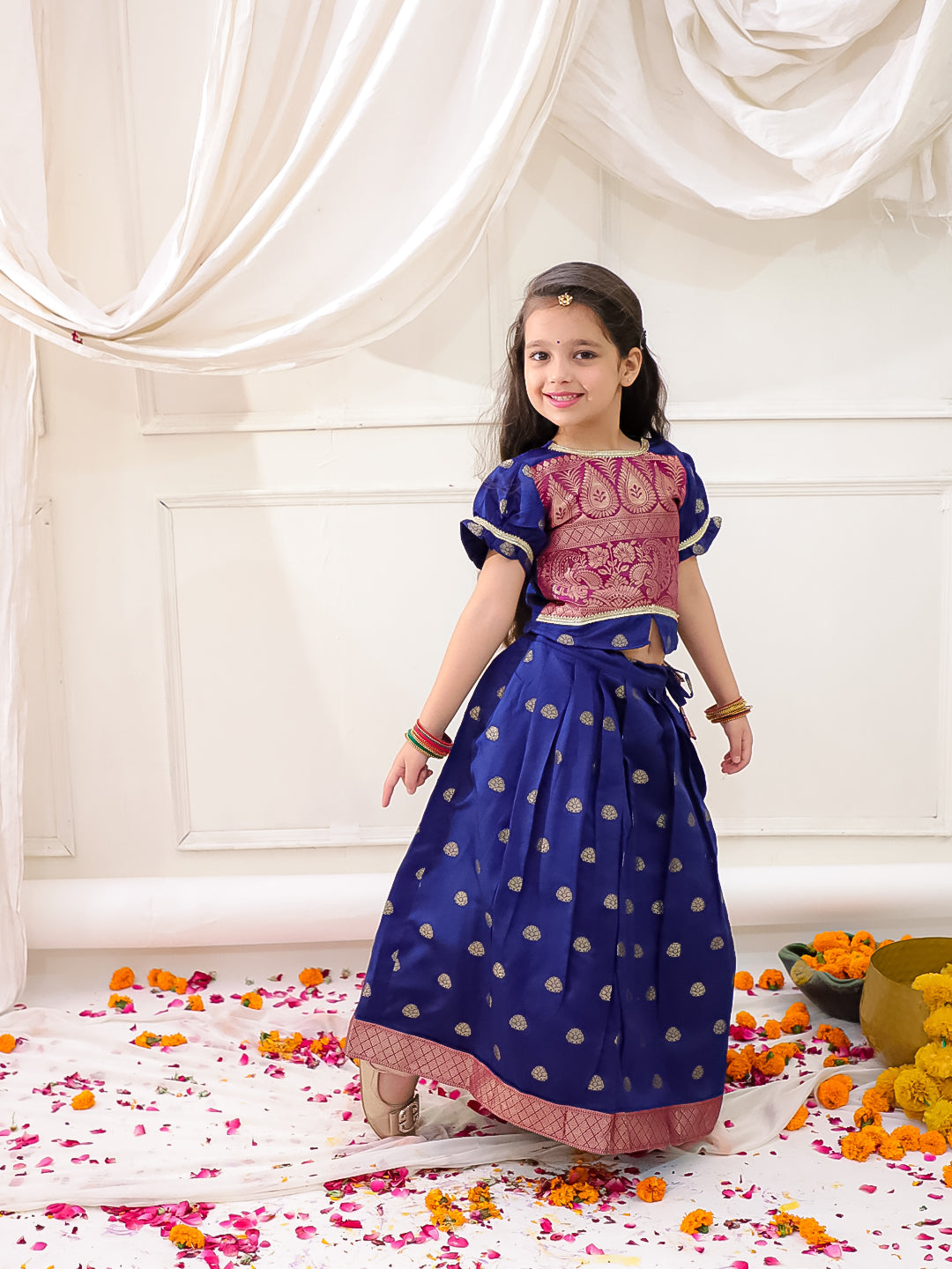 KID1 Twinkle Pattu Lehenga Choli Set Navy Blue
