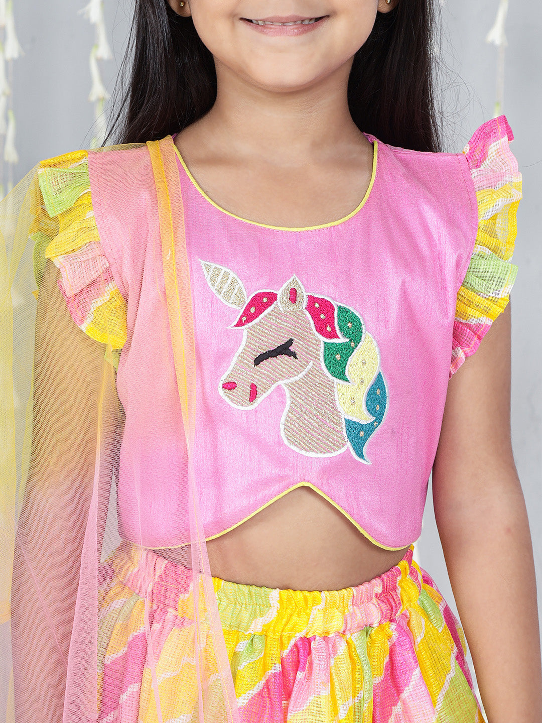KID1 Unicorn Lehenga Choli And Dupatta For Girls With Attached Jacket Kurta Dhoti For Boys - Pink & White