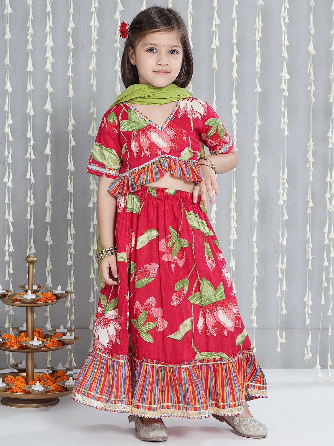 KID1 Floral Top With Lehenga Dupatta Set For Girls and Flower Embroidered Kurta With Dhoti Set For Boys - Pink & Green
