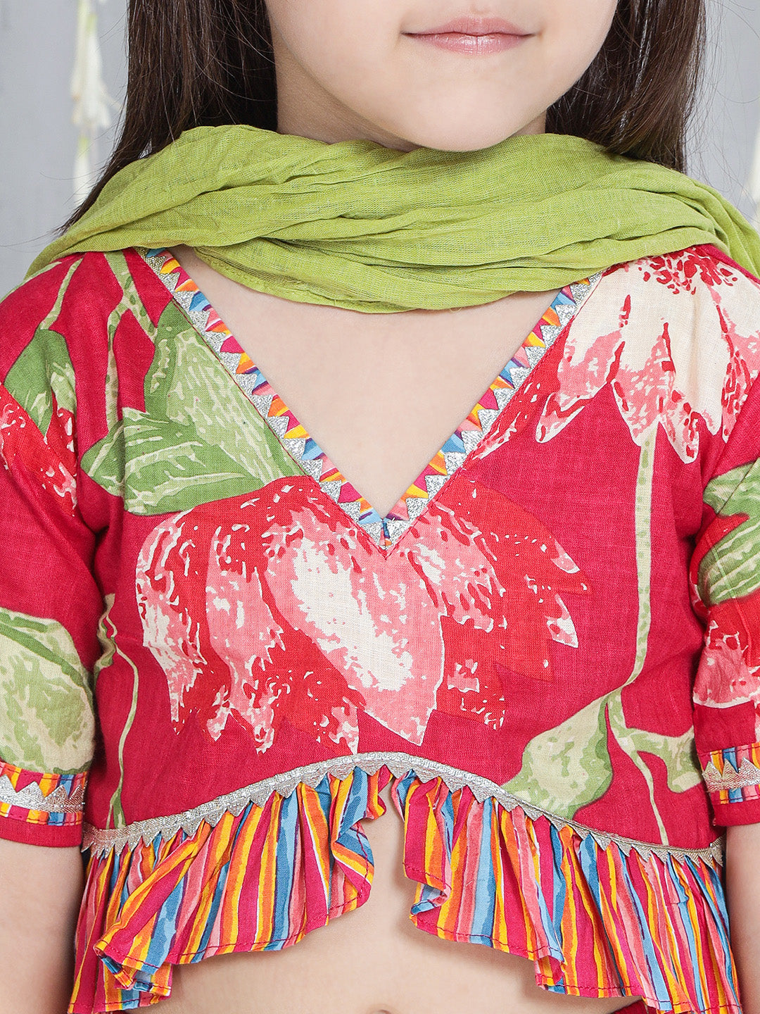 KID1 Floral Top With Lehenga Dupatta Set For Girls and Flower Embroidered Kurta With Dhoti Set For Boys - Pink & Green