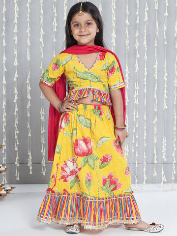 KID1 Floral Top With Lehenga Dupatta Set Yellow