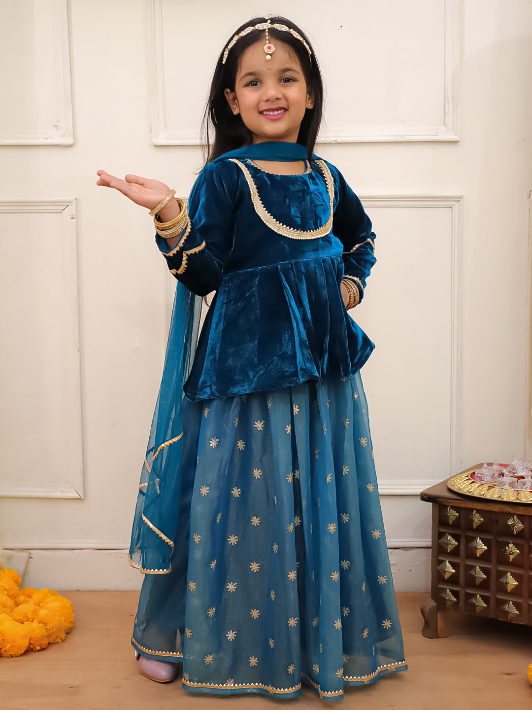 Kid One Alina Velvet Lehenga Choli With Dupatta Blue