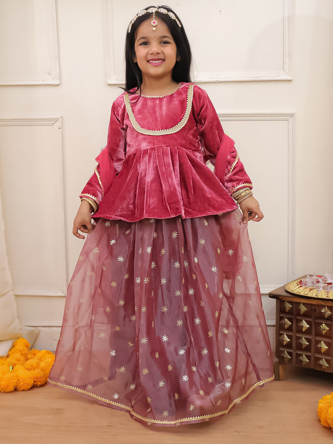 Kid One Alina Velvet Lehenga Choli With Dupatta Pink
