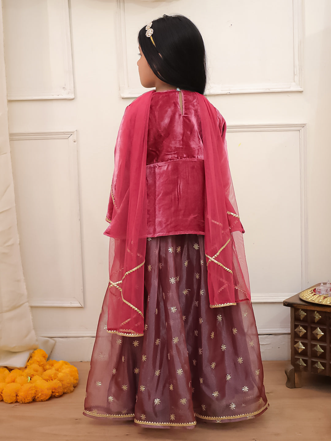 Kid One Alina Velvet Lehenga Choli With Dupatta Pink