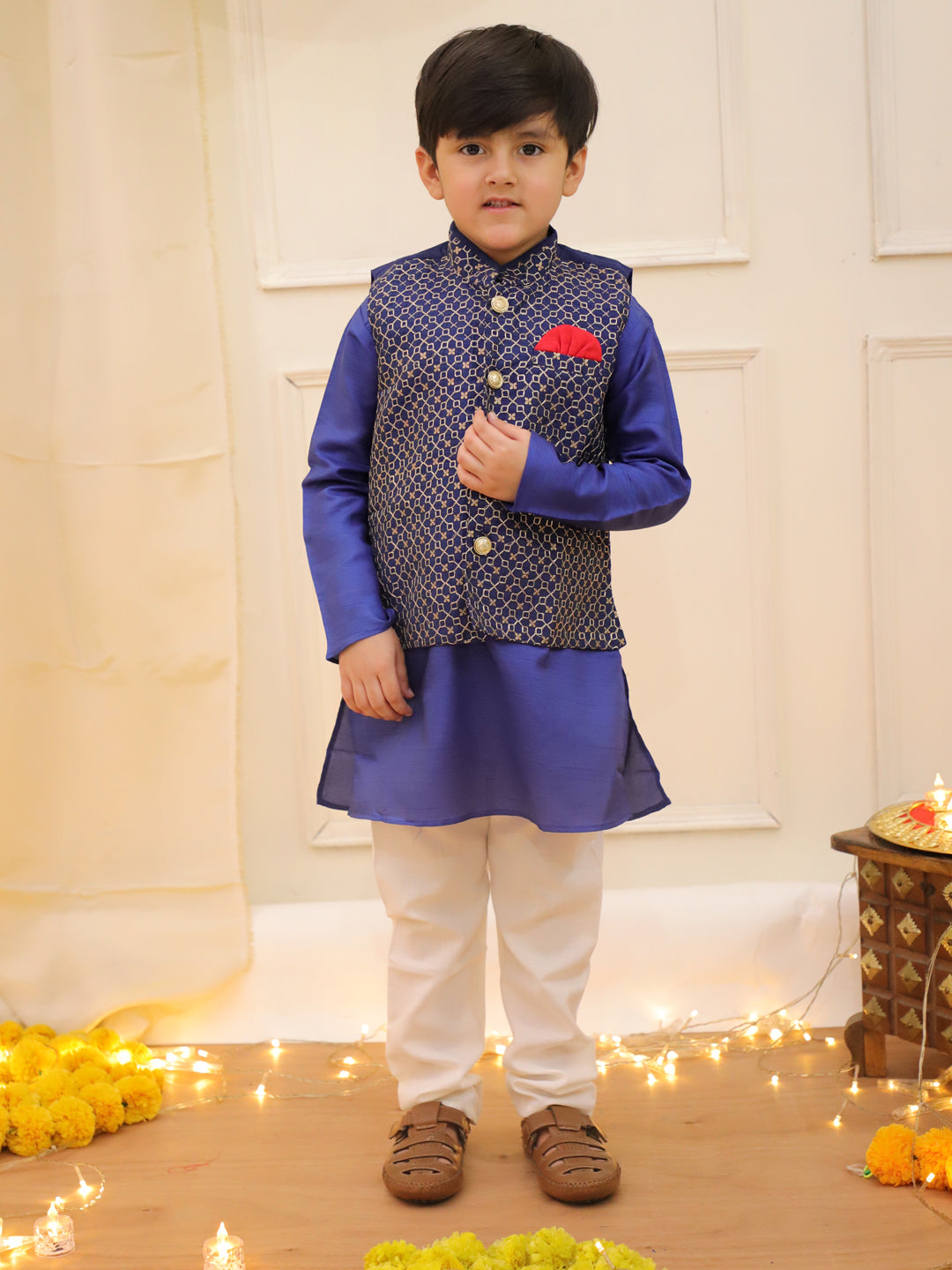KID1 Nytara Boys Kurta Pyjama With Jacket Set Navy Blue