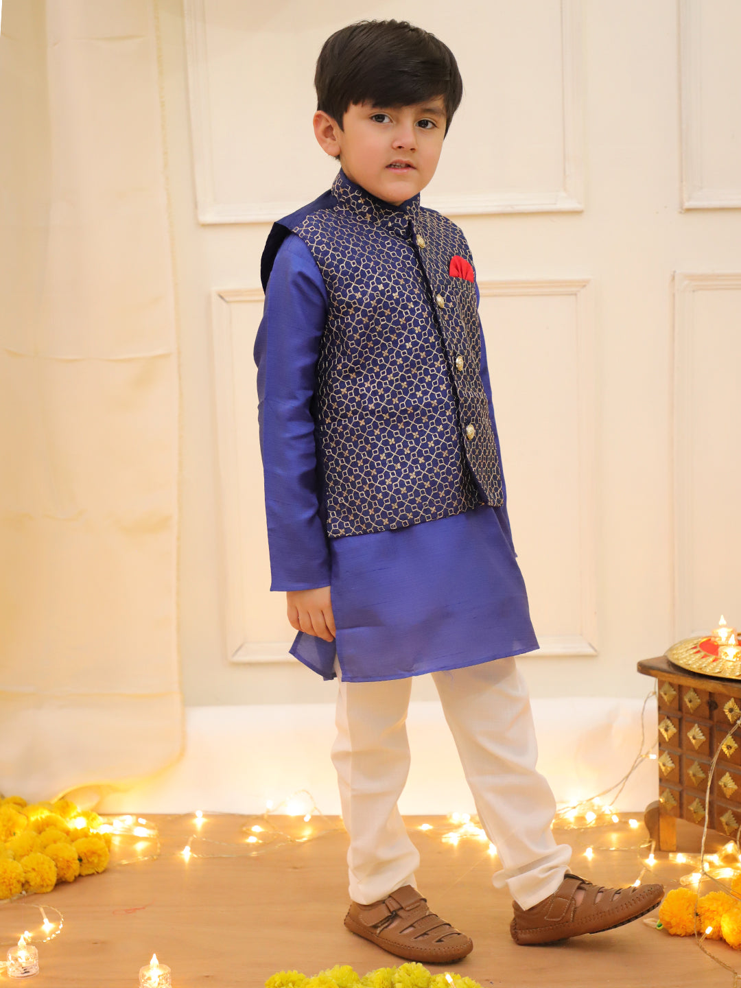 KID1 Nytara Boys Kurta Pyjama With Jacket Set Navy Blue