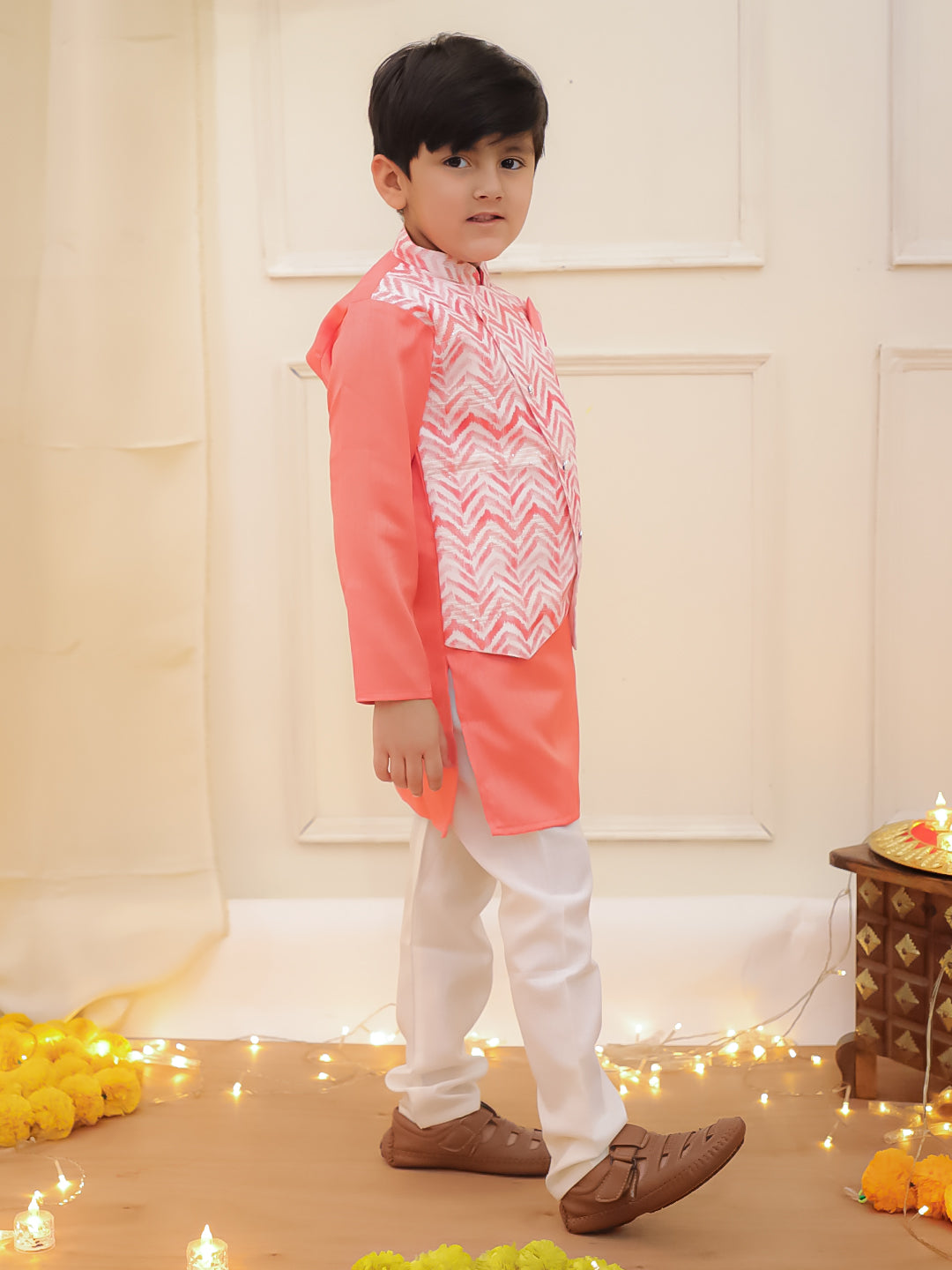 Samar Silk Attached Jacket Kurta Pyjama Peach