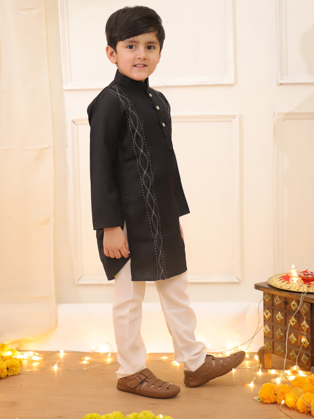 Embroidered Silk Kurta Pyjama Set Black