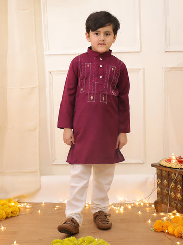 KID1 Embroidered Silk Kurta with Pyjama Wine