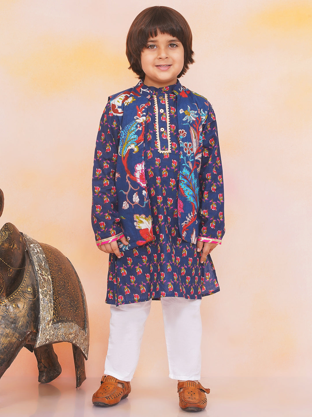 KID1 Nawab Long Jacket Kurta Set Navy Blue