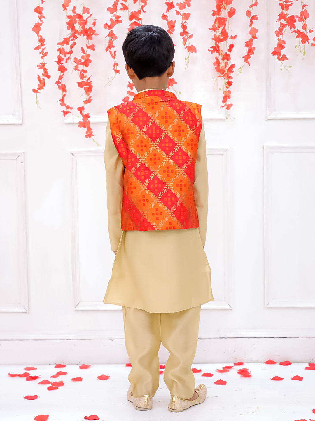 KID1 Bandhani Bundi With Gold Kurta Pyjama Orange
