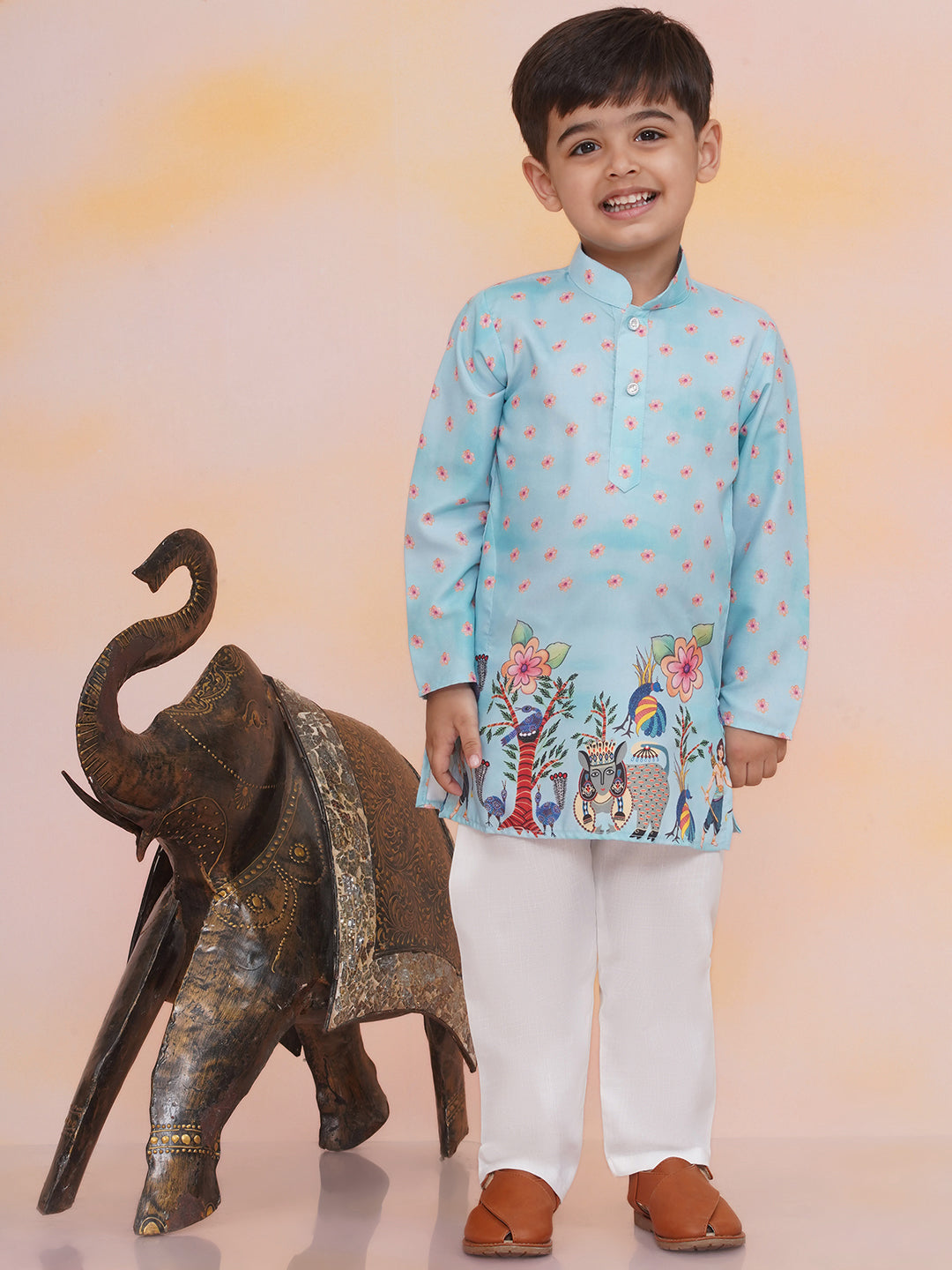 KID1 Rama Slim-Fit Printed Kurta Pyjama Skyblue