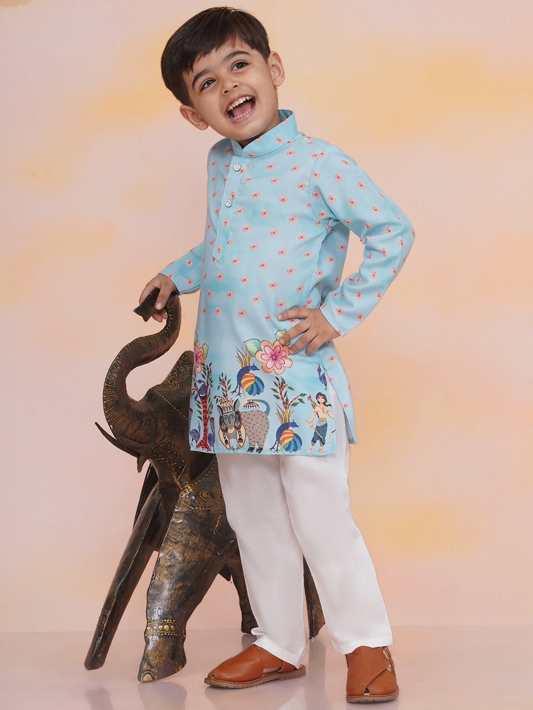 KID1 Rama Slim-Fit Printed Kurta Pyjama Skyblue