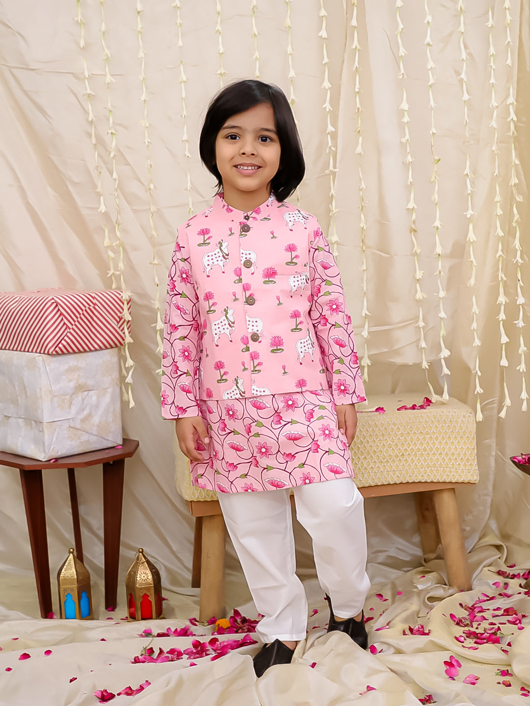 KID1 Nandi Motif Jacket Kurta Set Pink