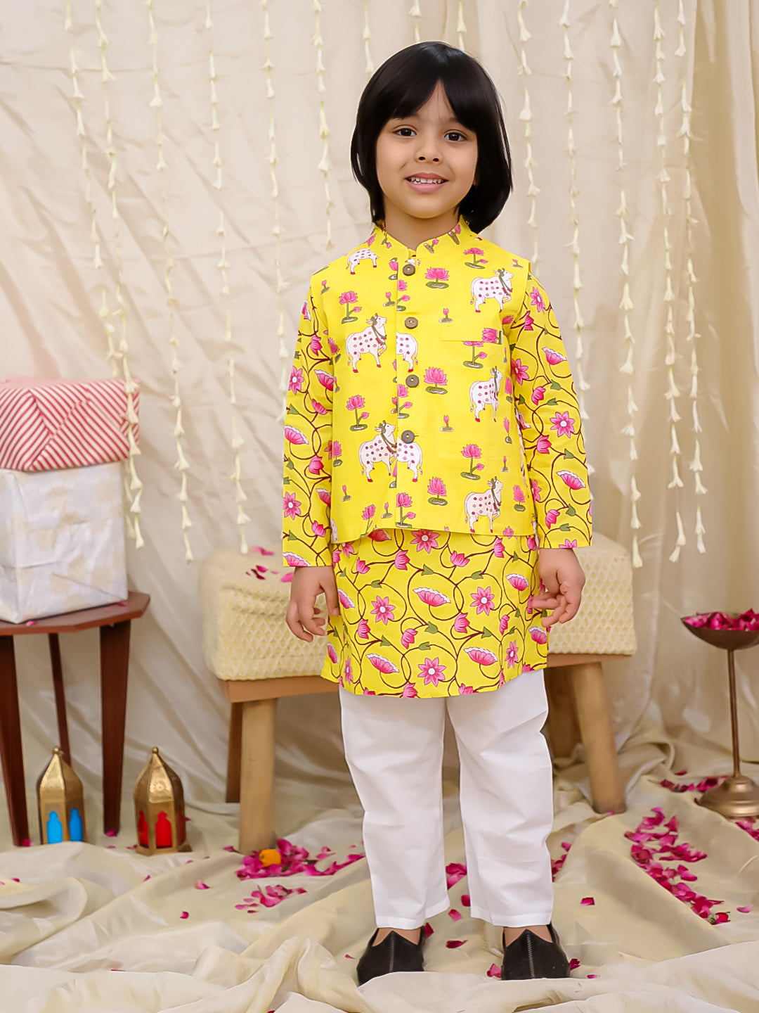 KID1 Nandi Motif Jacket Kurta Set Yellow