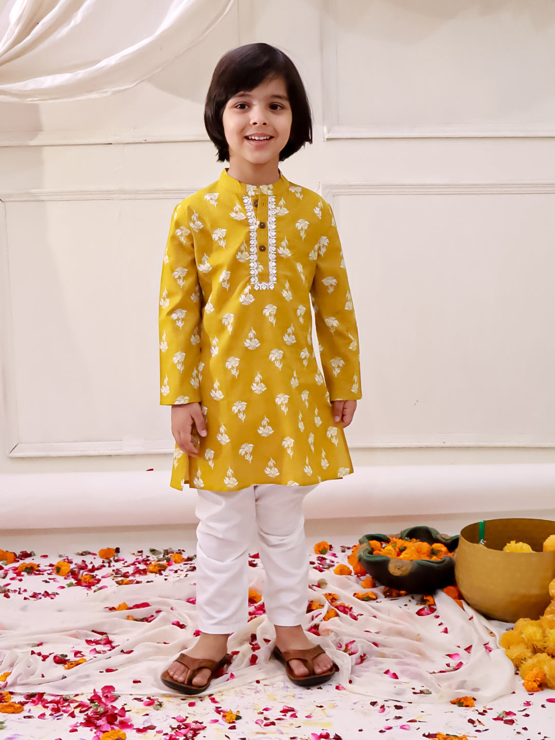 KID1 Floral Tiny Threads Kurta Pajama Set Musturd