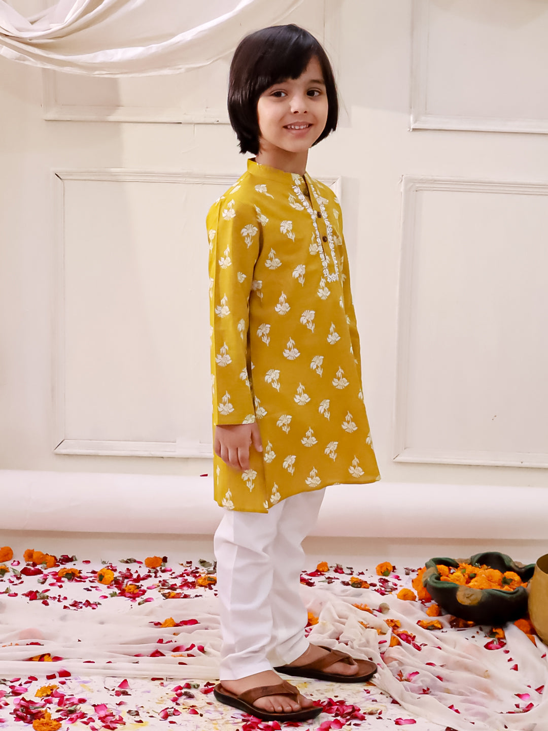 KID1 Floral Tiny Threads Kurta Pajama Set Musturd