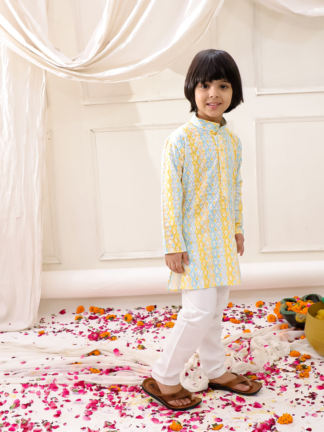 KID1 Embroidered Thread Kurta Pajama Set Yellow