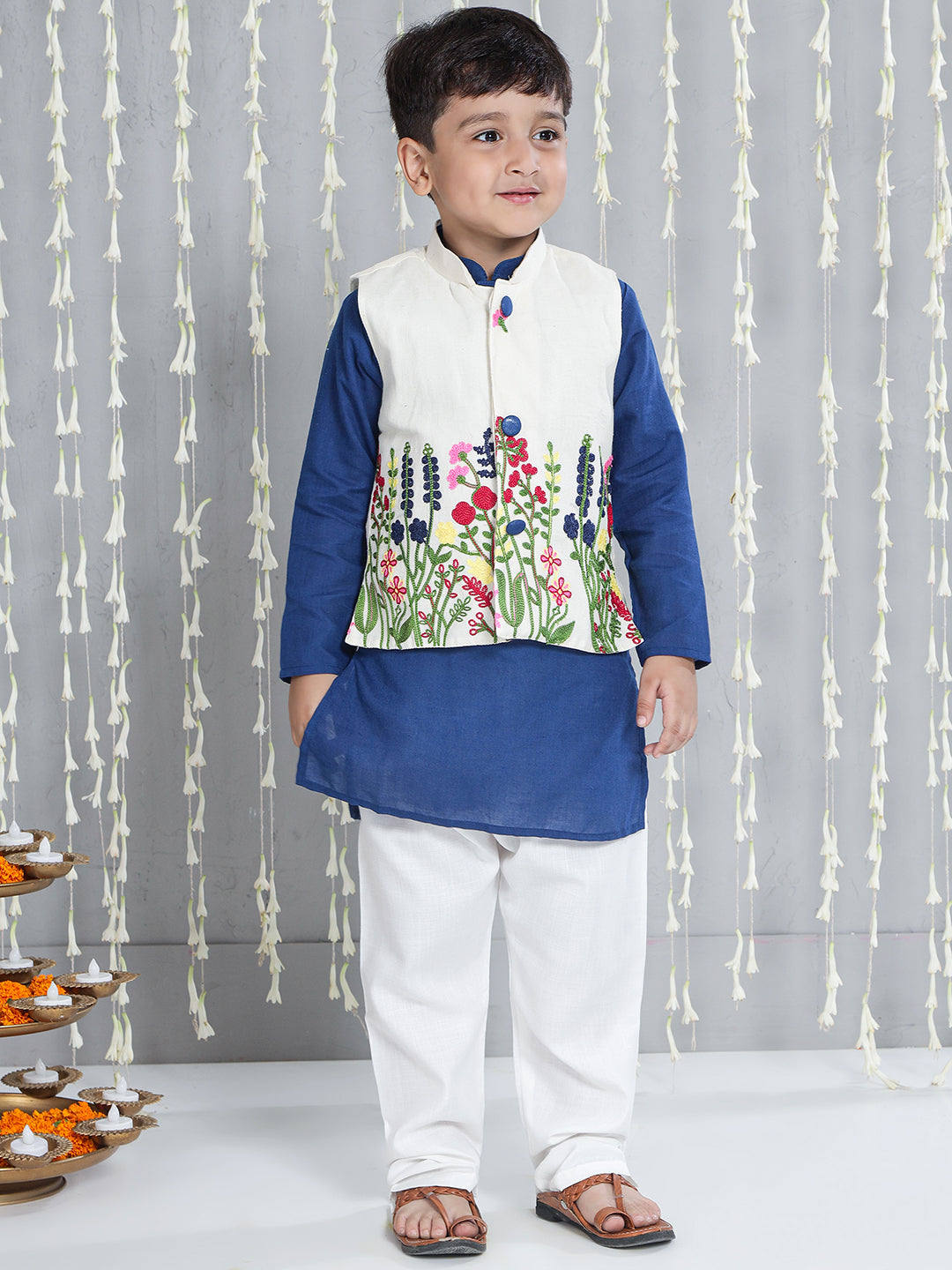 KID1 Embroidered Kurti And Palazzo Set For Girls With Embroidered Jacket Kurta Pajama Set For Boys - Offwhite & Blue