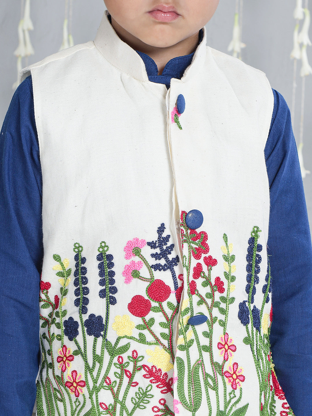 KID1 Embroidered Kurti And Palazzo Set For Girls With Embroidered Jacket Kurta Pajama Set For Boys - Offwhite & Blue