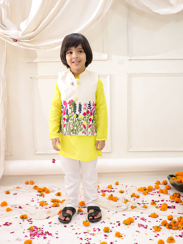 KID1 Embroidered Jacket Kurta Pyjama Set Yellow